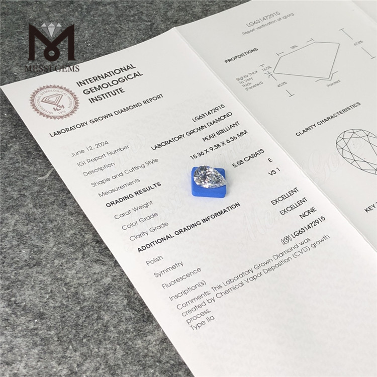 5.58CT E PEAR VS1 합성 다이아몬드 IGI LG631472915丨Messigems