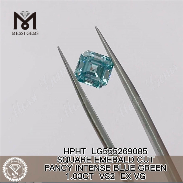 1.03CT 스퀘어 컷 팬시 인텐스 블루 그린 VS2 EX VG HPHT 랩그로운 다이아몬드 LG555269085