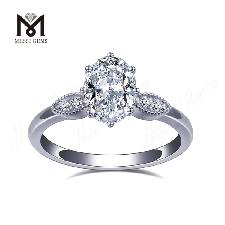세 개의 스톤 랩 그로운 다이아몬드 클래식 스타일 18k 화이트 골드 타원형 약혼 반지
