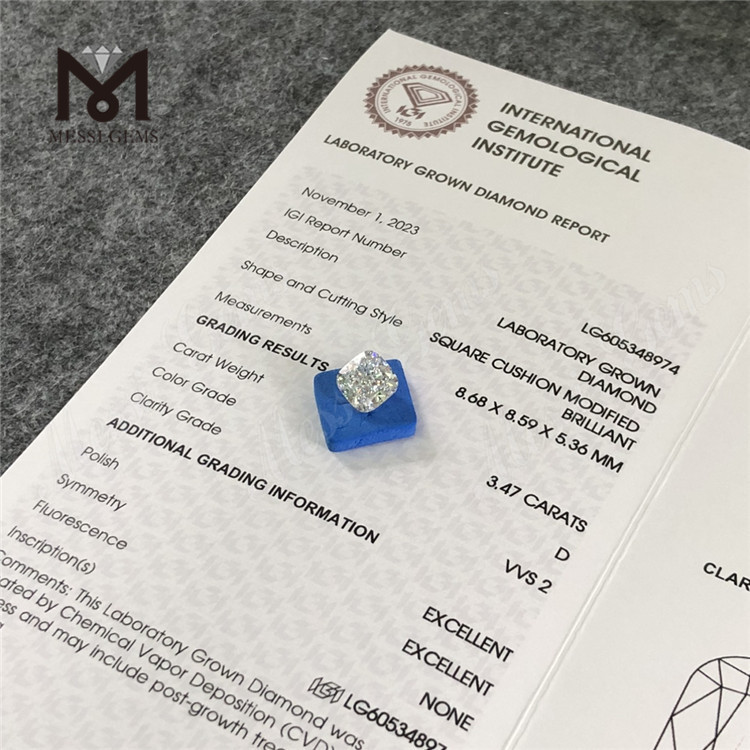 3.47CT D VVS2 쿠션 IGI 인증 다이아몬드 VVS, VVS 품질의 반짝임을 공개丨Messigems LG605348974 