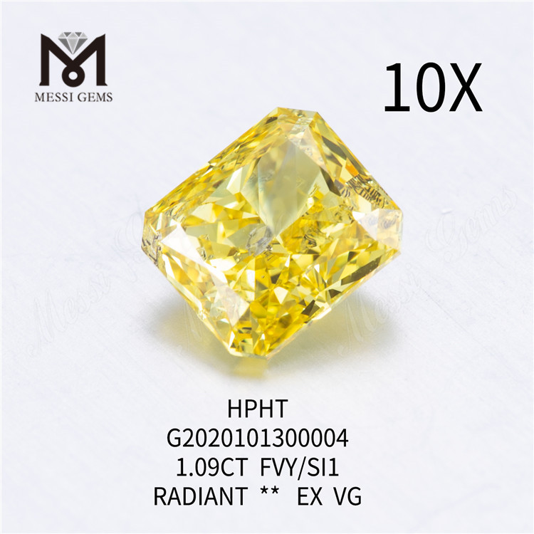 1.09ct FVY/SI1 래디언트 컷 컬러 랩그로운 다이아몬드 EX