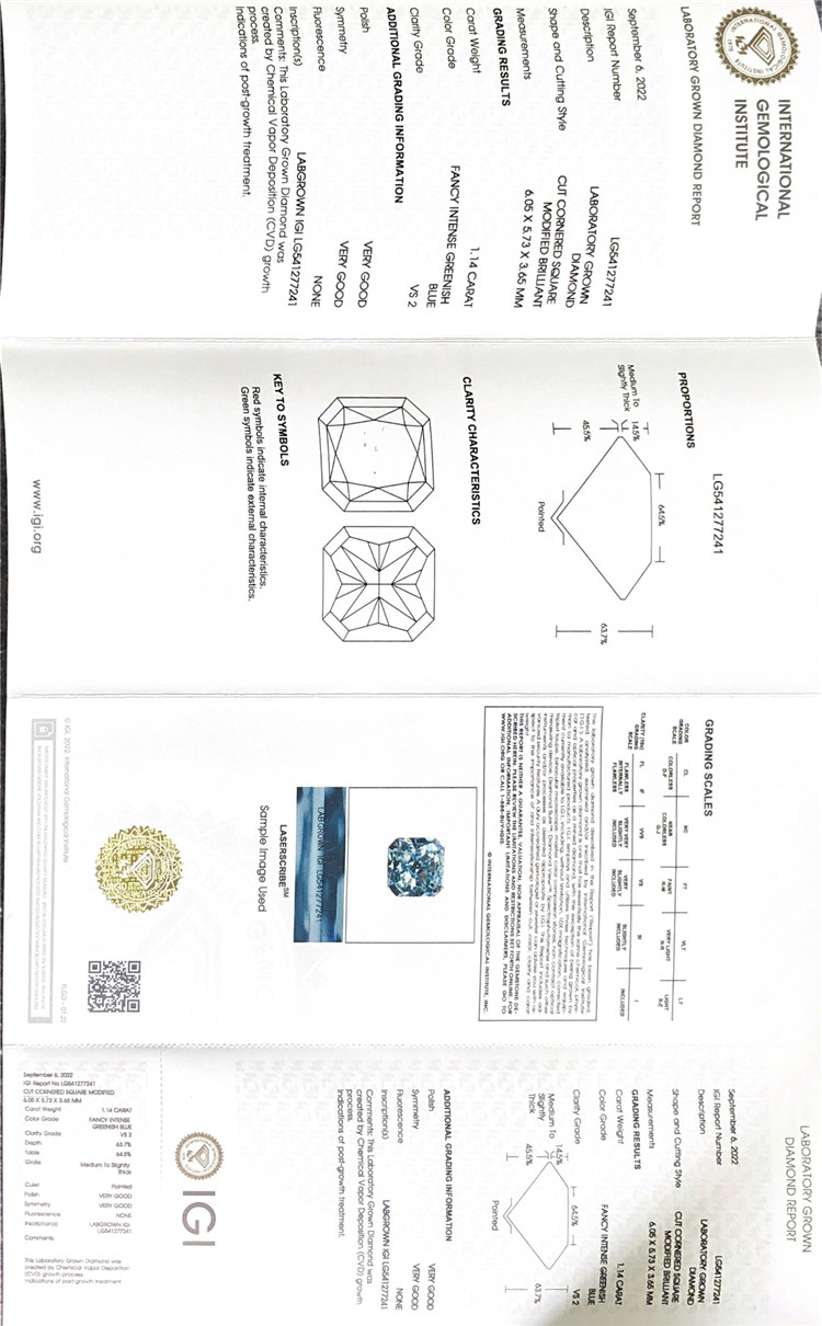 1.14CT 팬시 블루 SQ 루즈 합성 다이아몬드 IGI 실험실에서 생산된 다이아몬드 도매가