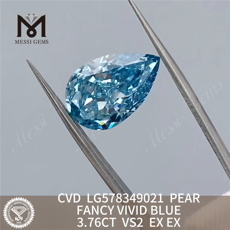 3.76CT VS2 EX EX 합성 랩그로운 다이아몬드 PEAR FANCY VIVID BLUE CVD LG578349021