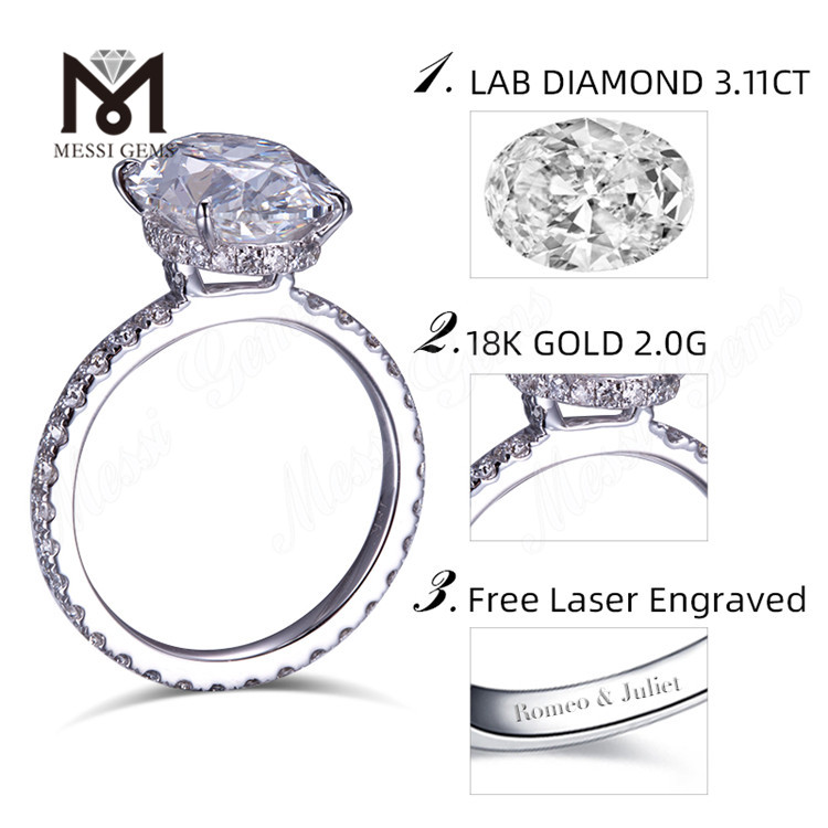 3.11ct 타원형 약혼 반지 18k 화이트 골드 2g 랩그로운 다이아몬드 반지