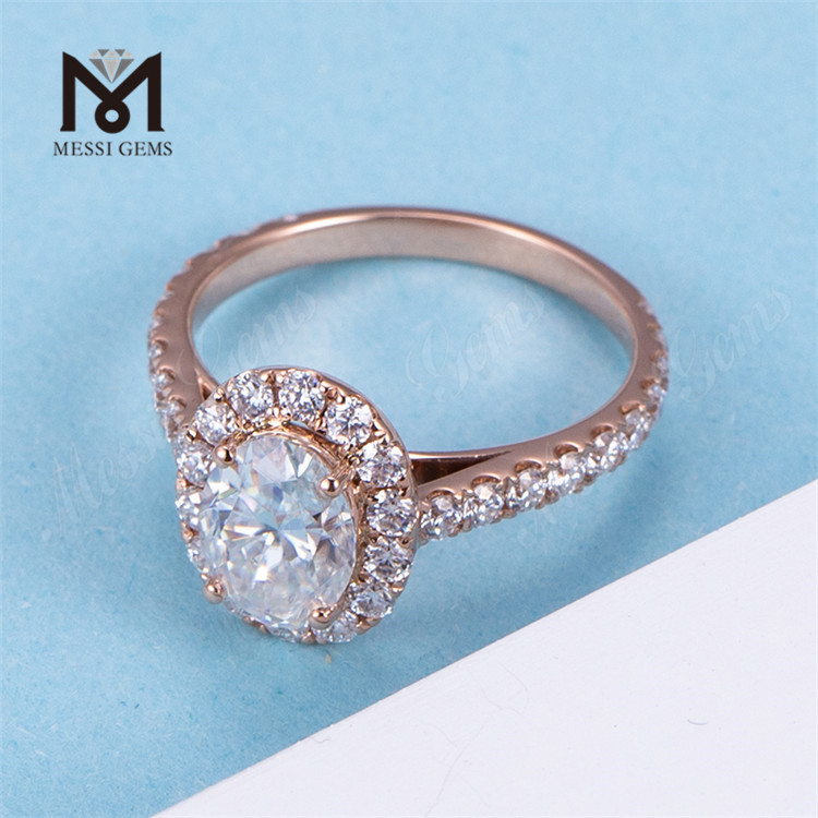 14k 로즈 골드 2ct 헤일로 스타일 타원형 다이아몬드 약혼 반지 패션